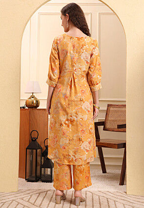Printed Art Linen A Line Kurta Set in Light Mustard