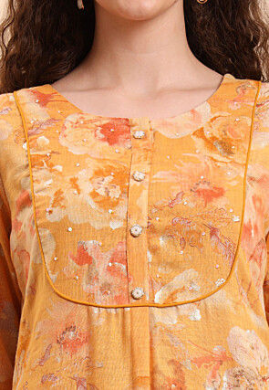 Printed Art Linen A Line Kurta Set in Light Mustard