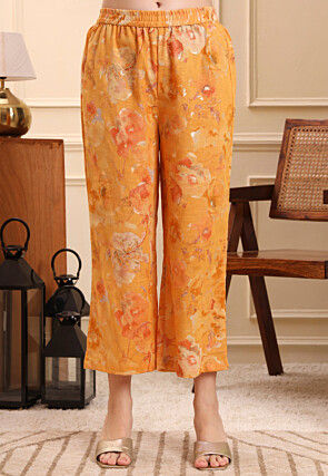 Printed Art Linen A Line Kurta Set in Light Mustard