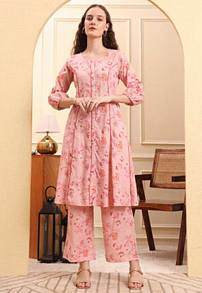 Printed Art Linen A Line Kurta Set in Light Pink