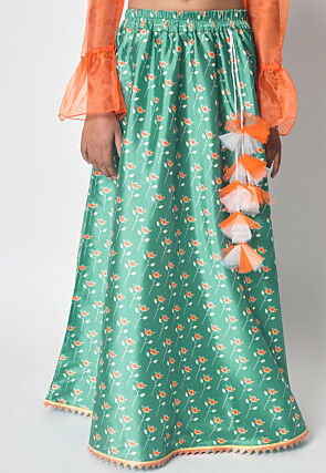 Printed Art Silk A Line Skirt in Light Teal Green