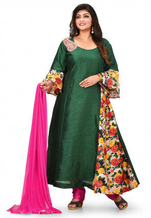 Printed Art Silk A Line Suit in Dark Green