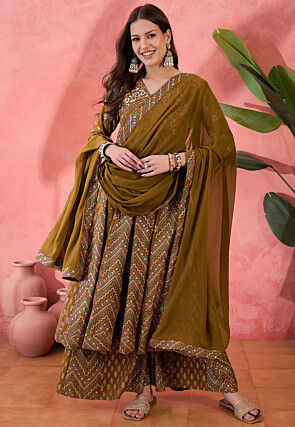 Printed Art Silk A Line Suit in Dark Olive Green