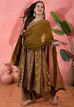 Printed Art Silk A Line Suit in Dark Olive Green