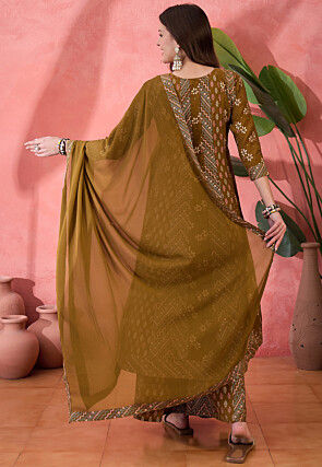 Printed Art Silk A Line Suit in Dark Olive Green