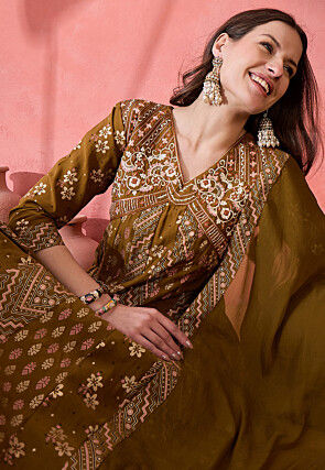 Printed Art Silk A Line Suit in Dark Olive Green