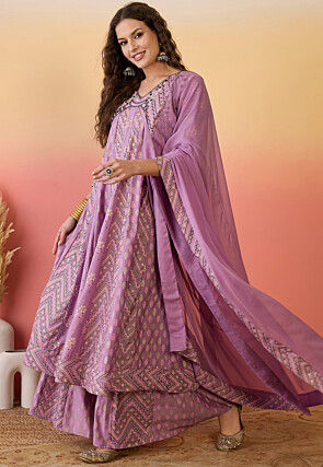 Printed Art Silk A Line Suit in Light Purple