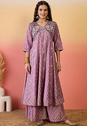 Printed Art Silk A Line Suit in Light Purple