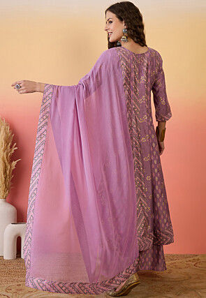 Printed Art Silk A Line Suit in Light Purple