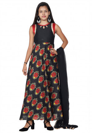 Printed Art Silk Abaya Style Suit in Black