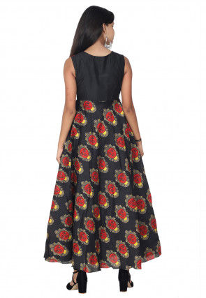 Printed Art Silk Abaya Style Suit in Black