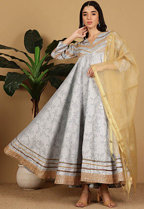 Printed Art Silk Abaya Style Suit in Light Grey