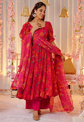 Printed Art Silk Aline Suit in Pink