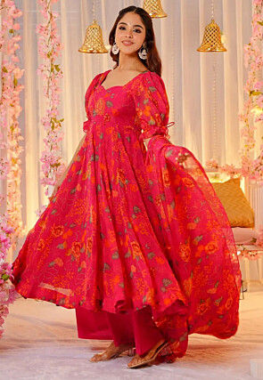 Printed Art Silk Aline Suit in Pink