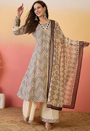 Printed Art Silk Anarkali Suit in Light Beige