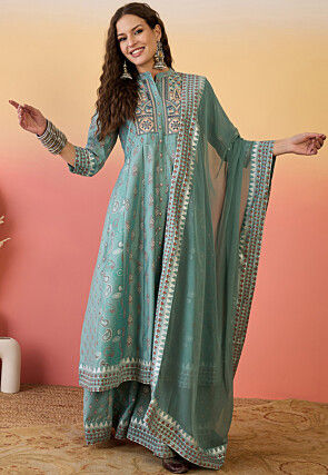 Printed Art Silk Anarkali Suit in Sea Green