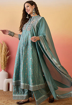 Printed Art Silk Anarkali Suit in Sea Green