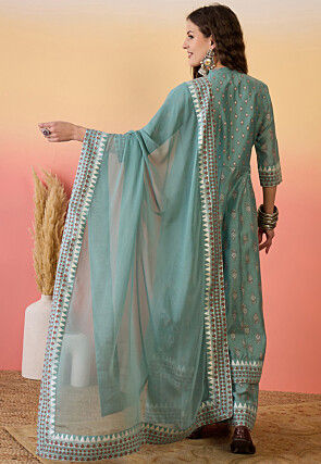 Printed Art Silk Anarkali Suit in Sea Green