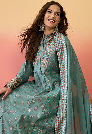 Printed Art Silk Anarkali Suit in Sea Green
