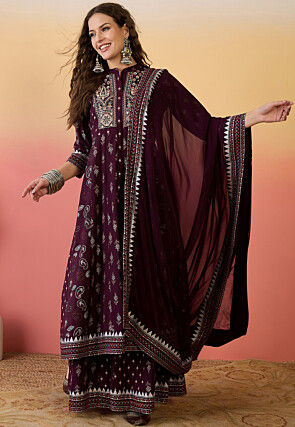Printed Art Silk Anarkali Suit in Violet