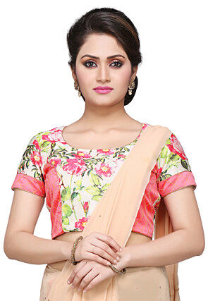 Printed Art Silk Blouse in Off White and Pink