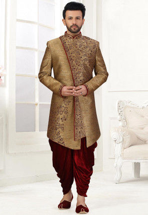 Embroidered Art Silk Dhoti Sherwani in Cream : MYV931