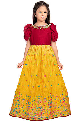 Printed Art Silk Gown in Mustard and Red
