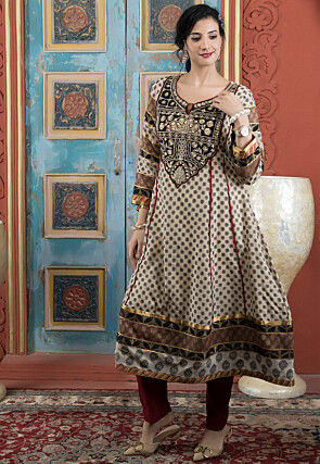 Printed Art Silk Handloom Aline Kurta in Beige