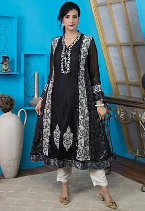 Printed Art Silk Handloom Aline Kurta in Black
