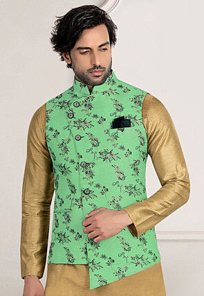 Printed Art Silk Jacquard Asymmetric Nehru Jacket in Green