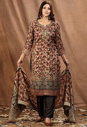 Printed Art Silk Jacquard Pakistani Suit in Beige