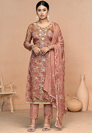 Printed Art Silk Jacquard Pakistani Suit in Peach