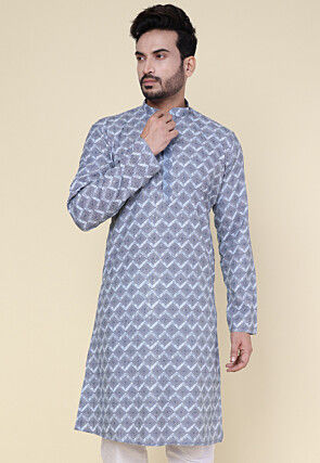 Printed Art Silk Kurta in Blue
