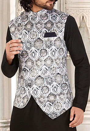 Printed Art Silk Kurta Jacket Set in Black and Off White