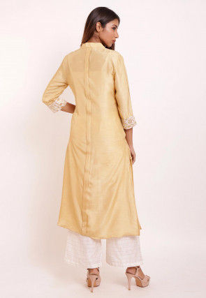 Printed Art Silk Kurta Set in Beige