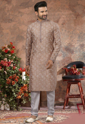Printed Art Silk Kurta Set in Brown