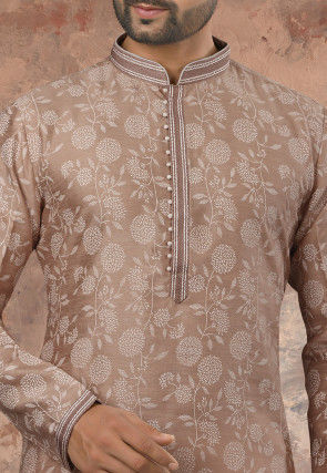 Printed Art Silk Kurta Set in Brown