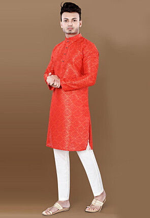 Printed Art Silk Kurta Set in Dark Orange