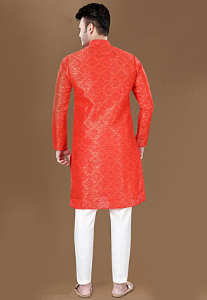 Printed Art Silk Kurta Set in Dark Orange