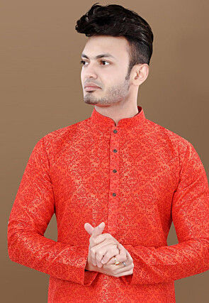 Printed Art Silk Kurta Set in Dark Orange