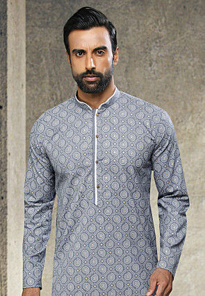 Printed Art Silk Kurta Set in Grey