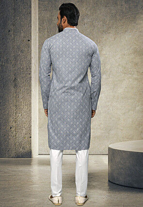 Printed Art Silk Kurta Set in Grey