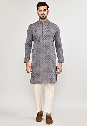 Printed Art Silk Kurta Set in Grey