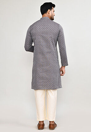 Printed Art Silk Kurta Set in Grey
