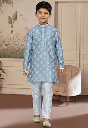 Printed Art Silk Kurta Set in Grey