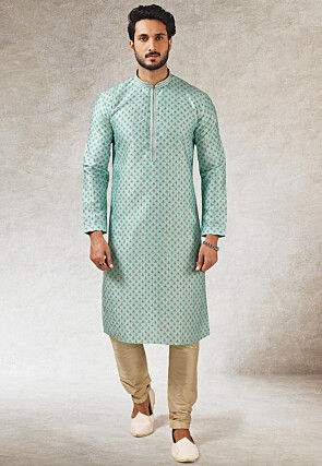 Printed Art Silk Kurta in Light Blue