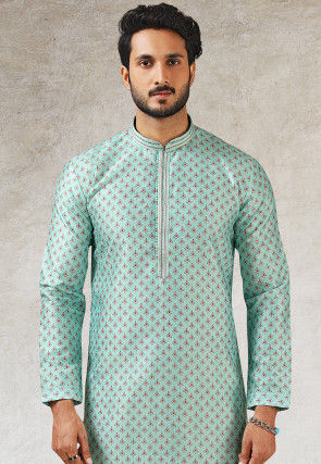 Printed Art Silk Kurta Set in Light Blue