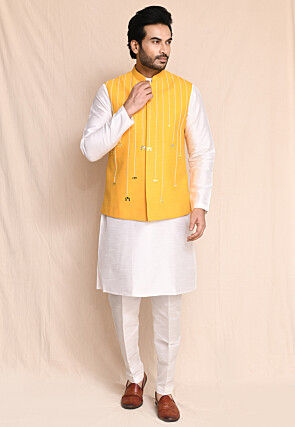 Printed Art Silk Kurta Set in Off White