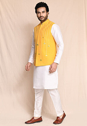Printed Art Silk Kurta Set in Off White