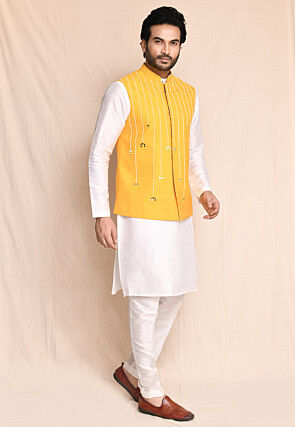 Printed Art Silk Kurta Set in Off White